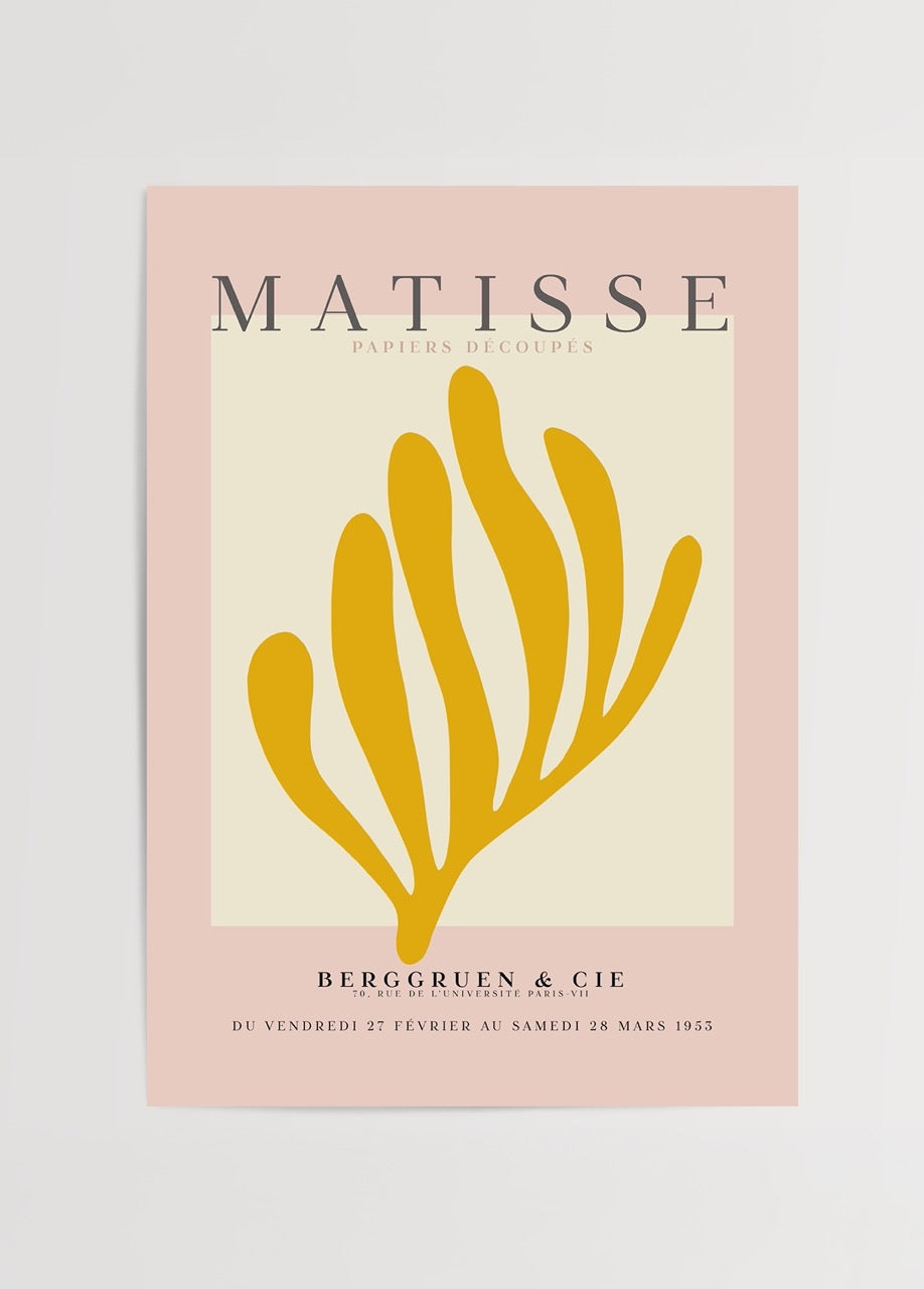 Sarı dal figürlü, pembe çerçeveli Henri Matisse tarzı modern sanat posteri

