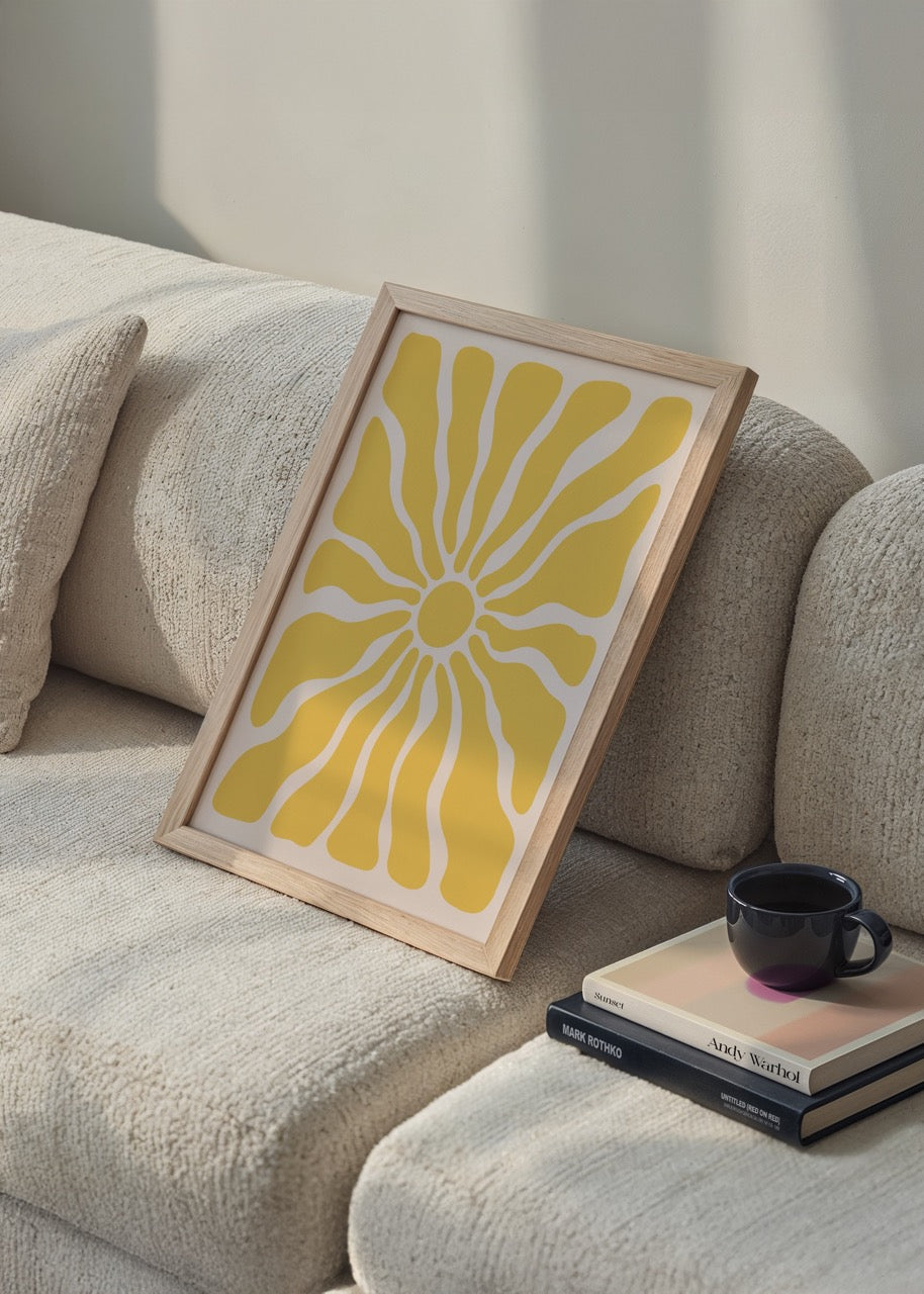 Sarı güneş figürlü soyut çizimli modern poster baskı
