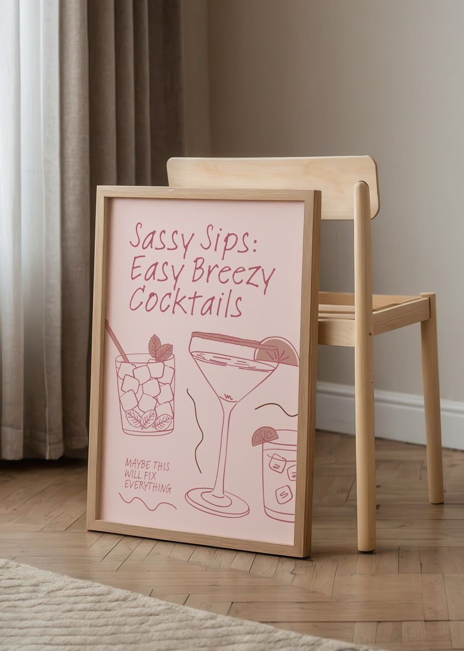 Pembe zemin üzerinde çizgi kokteyl illüstrasyonları ve “Sassy Sips: Easy Breezy Cocktails” yazılı mizahi poster.