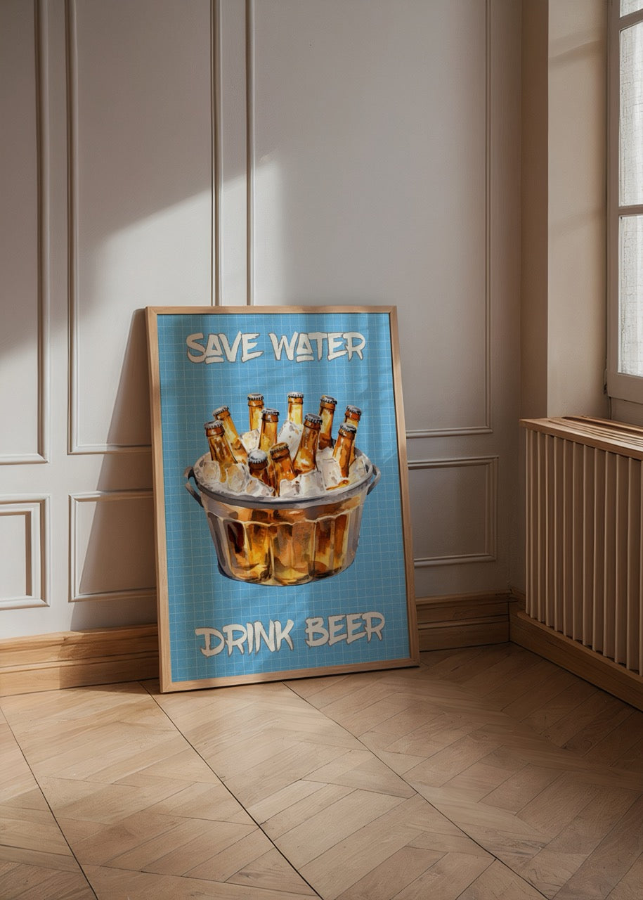 Buz dolu kovada bira şişeleri ve Save Water Drink Beer yazılı modern illüstrasyon posteri