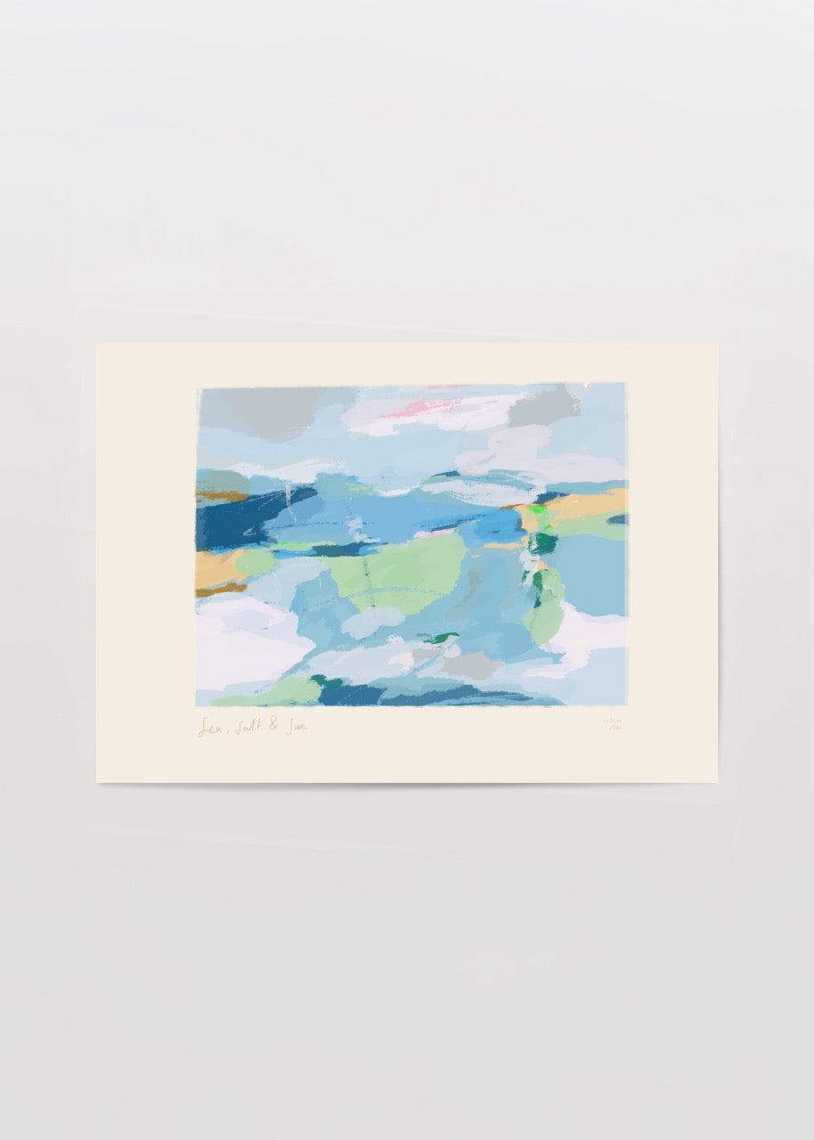 Atölye Noi tasarımı Sea, Salt &amp; Sun posteri – deniz, tuz ve güneşi soyut fırça darbeleriyle yansıtan modern sanat eseri.