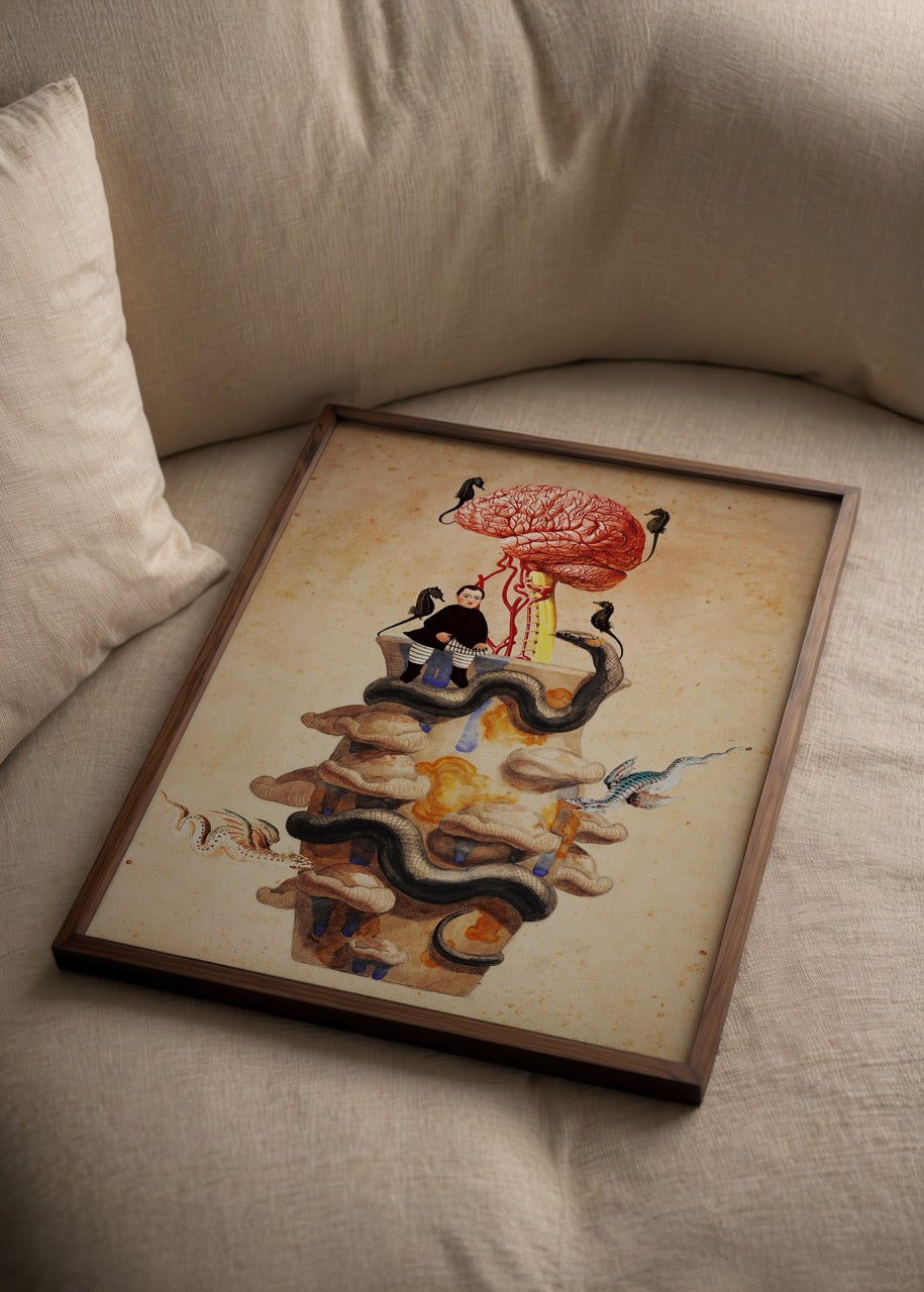 Denizatları ve beyin figürüyle sembolik sürrealist sanat posteri – Seahorse Within
