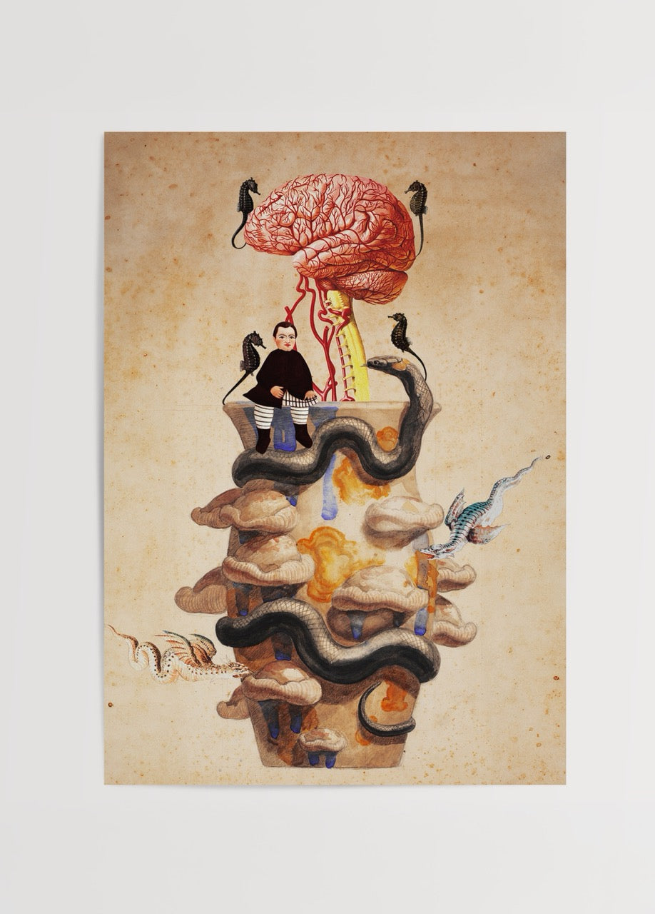 Denizatları ve beyin figürüyle sembolik sürrealist sanat posteri – Seahorse Within
