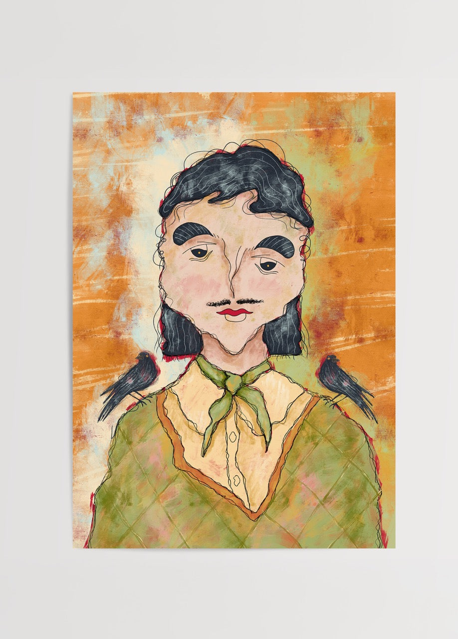 Selma Özgül’ün kargalı portre eseri – omuzlarında iki karga bulunan figür, canlı turuncu ve yeşil tonlarla resmedilmiş modern ekspresif portre