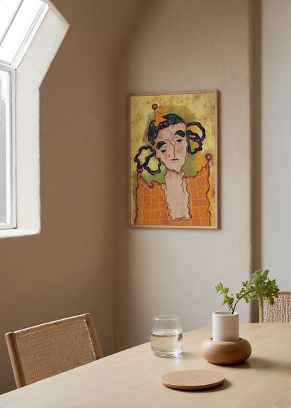 Selma Özgül’ün “Kutlama” adlı eseri – canlı turuncu tonlarda, ironik doğum günü şapkalı figür ve melankolik ifade içeren modern portre