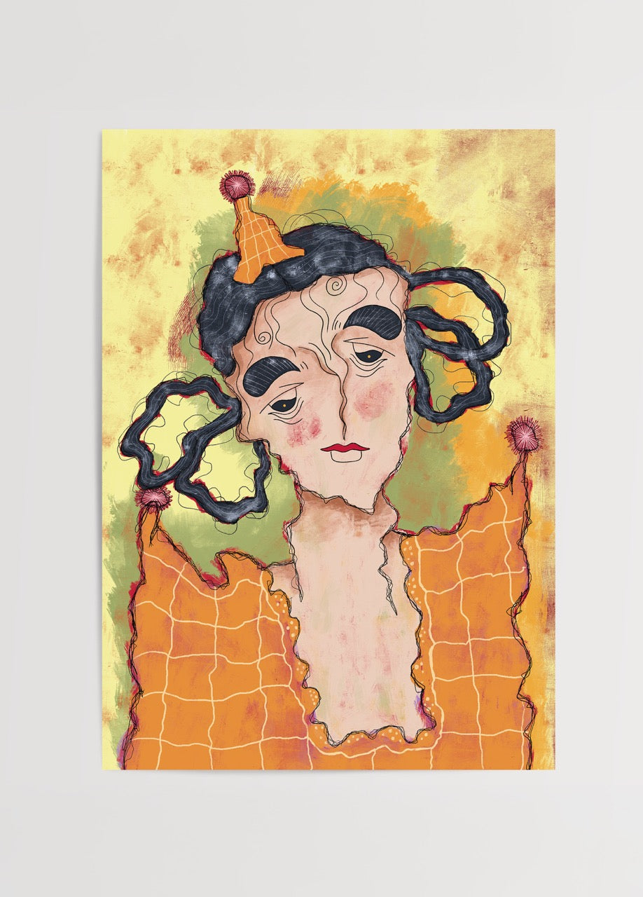 Selma Özgül’ün “Kutlama” adlı eseri – canlı turuncu tonlarda, ironik doğum günü şapkalı figür ve melankolik ifade içeren modern portre