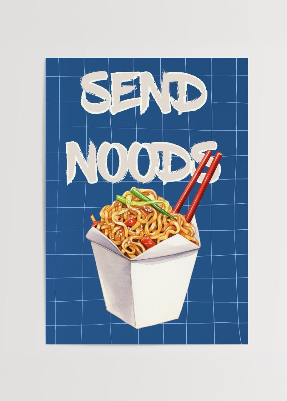 Mavi zemin üzerinde noodle kutusu ve Send Noods yazılı modern illüstrasyon poster