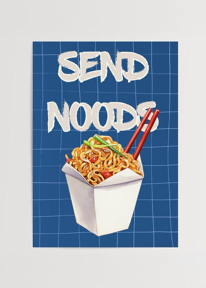 Mavi zemin üzerinde noodle kutusu ve Send Noods yazılı modern illüstrasyon poster