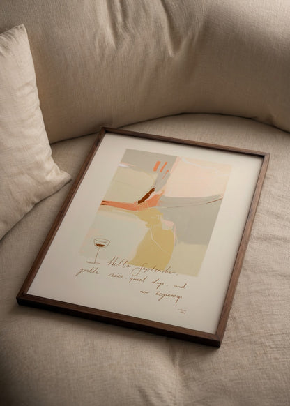 Atölye Noi imzalı September posteri, pastel tonlarda soyut desen ve şarap kadehi illüstrasyonu