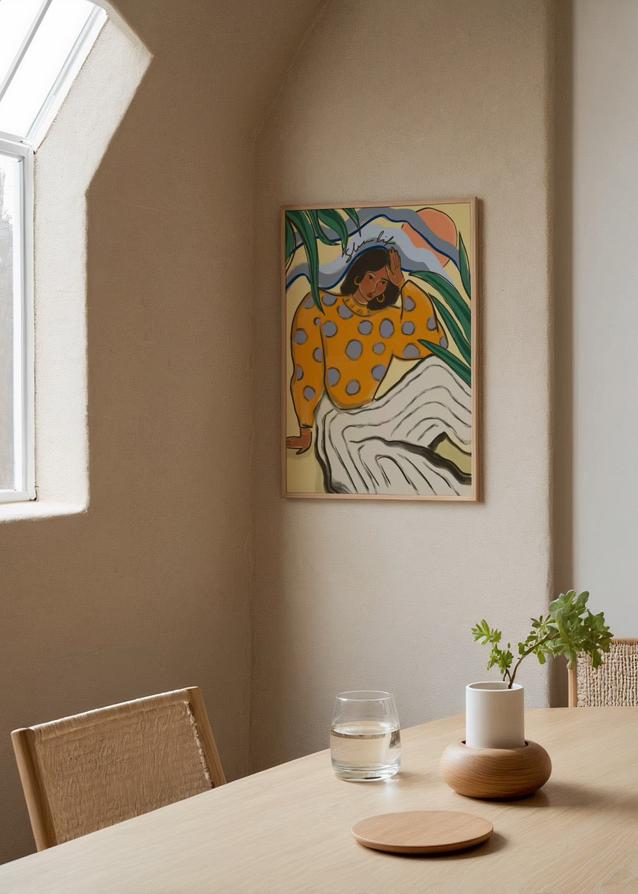 Elif Korkut’un modern çizgiler ve sıcak tonlarla tasarladığı Sessiz Çizgiler illüstrasyon posteri.