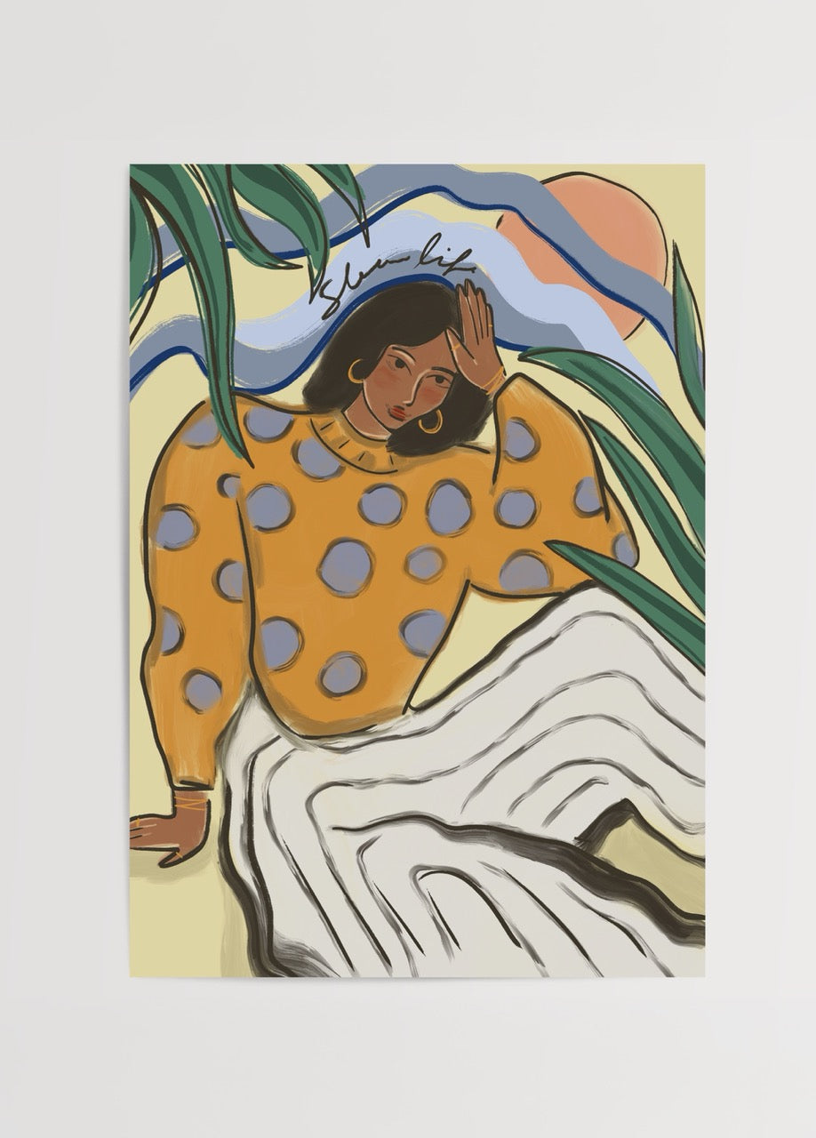 Elif Korkut’un modern çizgiler ve sıcak tonlarla tasarladığı Sessiz Çizgiler illüstrasyon posteri.