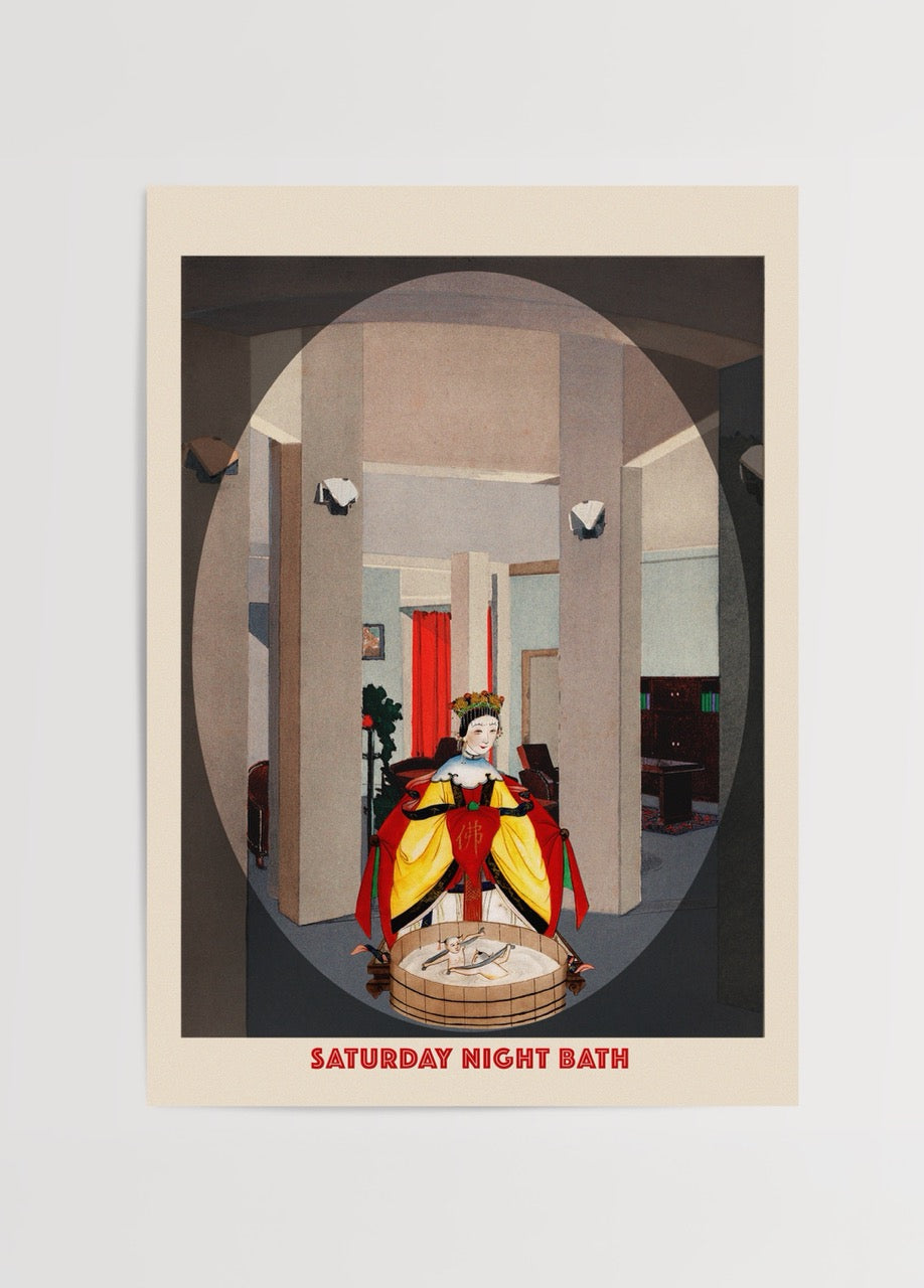 Şeyda Temel Nalçakan’ın “Saturday Night Bath” adlı, tarihsel figür ve modern mimariyi birleştiren dijital kolaj posteri.