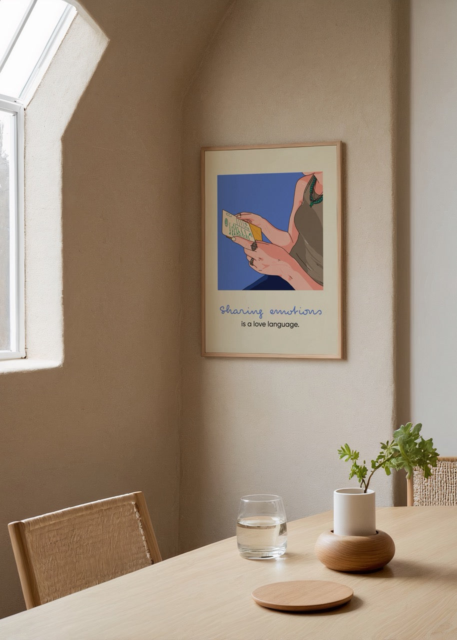 Telefon ekranına mesaj okuyan bir kadının ellerini betimleyen, duygusal temalı illüstrasyon.