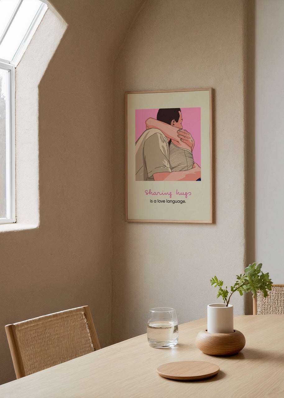 Birbirine sarılan iki kişiyi gösteren, sevgi dolu ve modern bir illüstrasyon posteri.