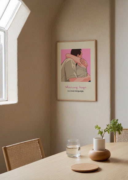 Birbirine sarılan iki kişiyi gösteren, sevgi dolu ve modern bir illüstrasyon posteri.