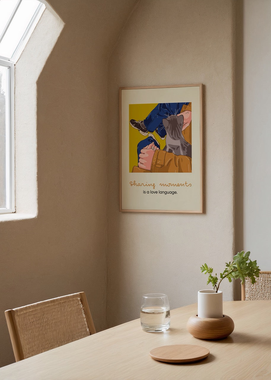 Bir kişinin kedisiyle birlikte oturduğu, samimi bir anı yansıtan modern illüstrasyon.