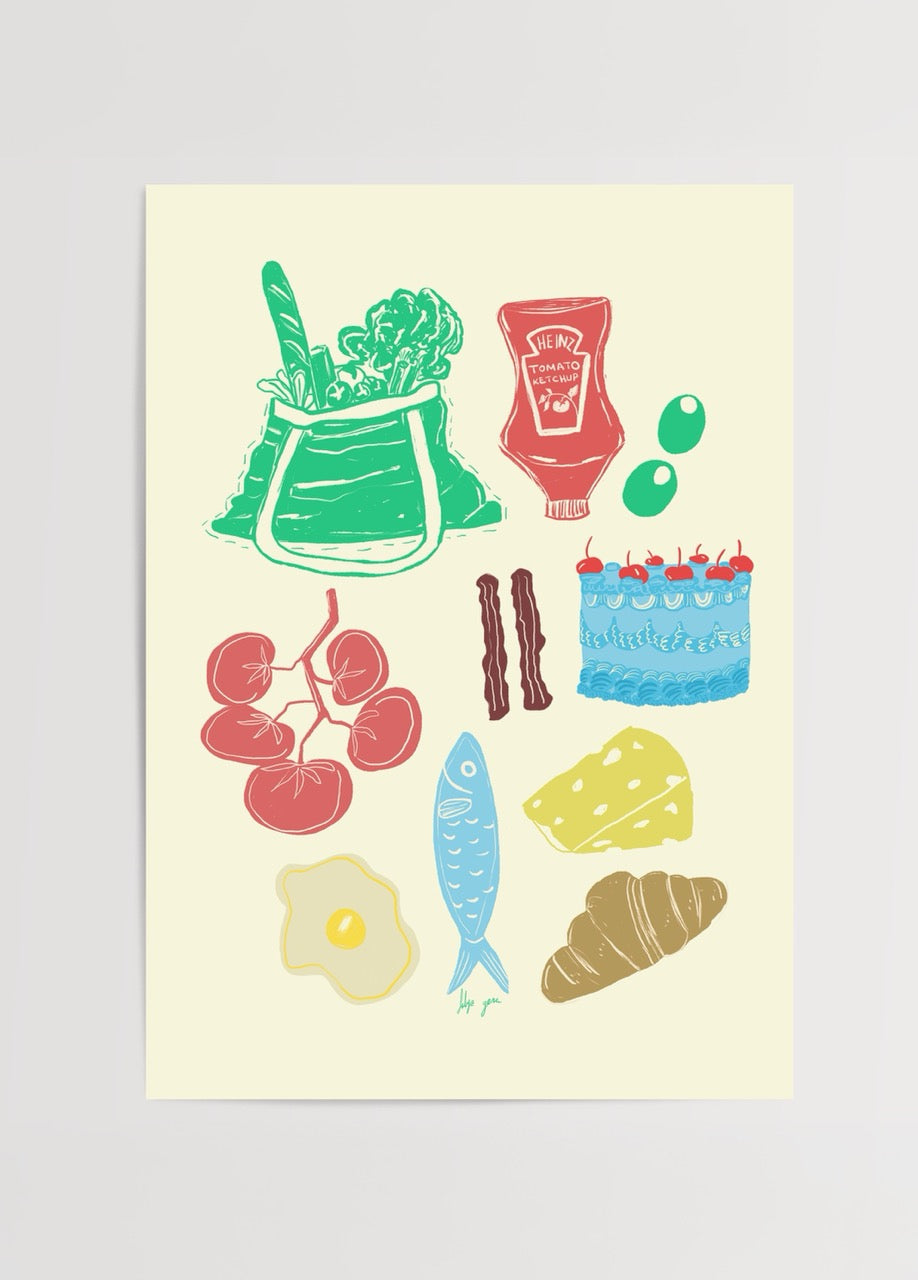 Fulya Genç’in Shop posteri, renkli alışveriş ürünleri illüstrasyonuyla modern ve dekoratif sanat baskısı.