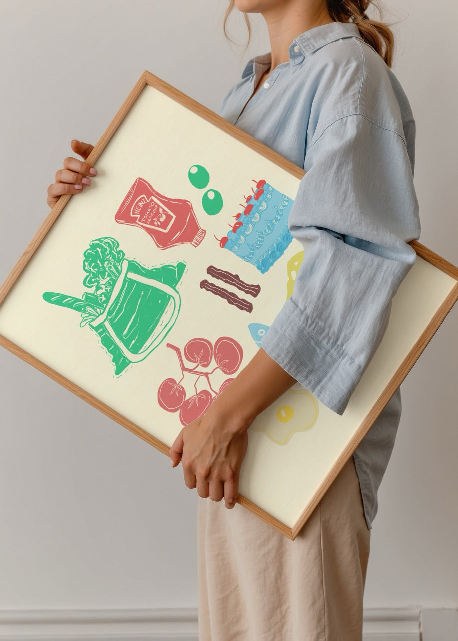 Fulya Genç’in Shop posteri, renkli alışveriş ürünleri illüstrasyonuyla modern ve dekoratif sanat baskısı.