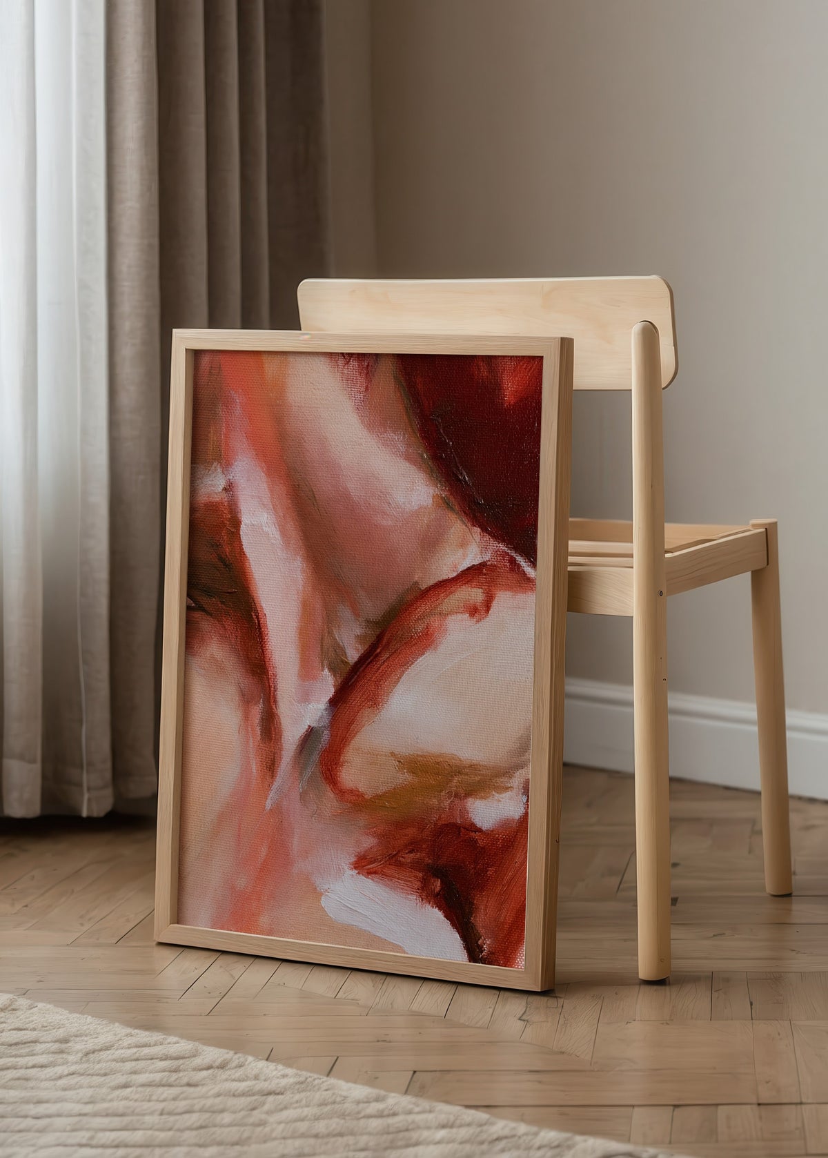 Nils van der Meer Shoulder I omuz ve köprücük kemiğini pembe, bordo, şeftali ve krem tonlarında soyutlayan figüratif poster.