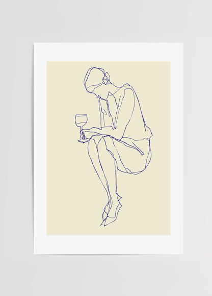Yaren Ünlü Wine &amp; Lines koleksiyonundan minimalist tek çizgiyle yapılmış, şarap kadehi tutan oturan figür posteri.