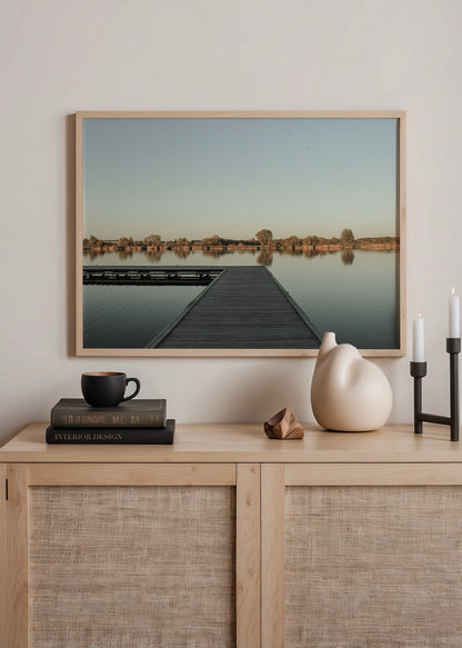 silent pier lake in bialystok minimal gol manzarasi fotograf poster