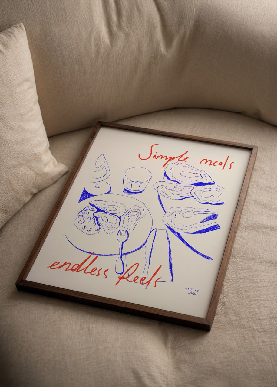 Atölye Noi Simple Meals Endless Feels poster – Ege sofralarından ilham alan kırmızı ve mavi illüstrasyon poster baskı