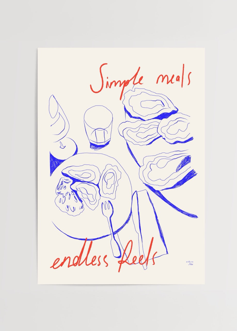 Atölye Noi Simple Meals Endless Feels poster – Ege sofralarından ilham alan kırmızı ve mavi illüstrasyon poster baskı