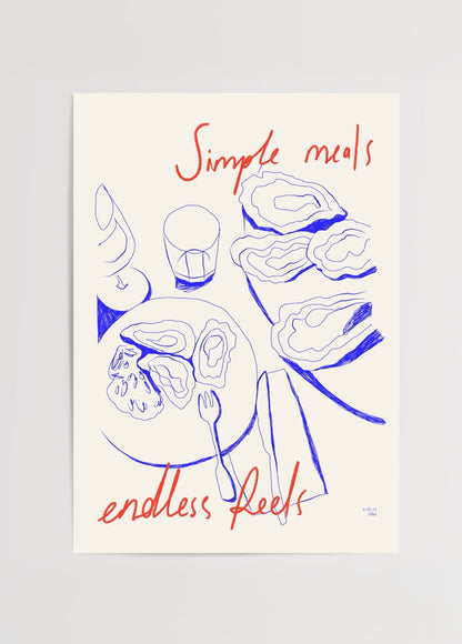 Atölye Noi Simple Meals Endless Feels poster – Ege sofralarından ilham alan kırmızı ve mavi illüstrasyon poster baskı