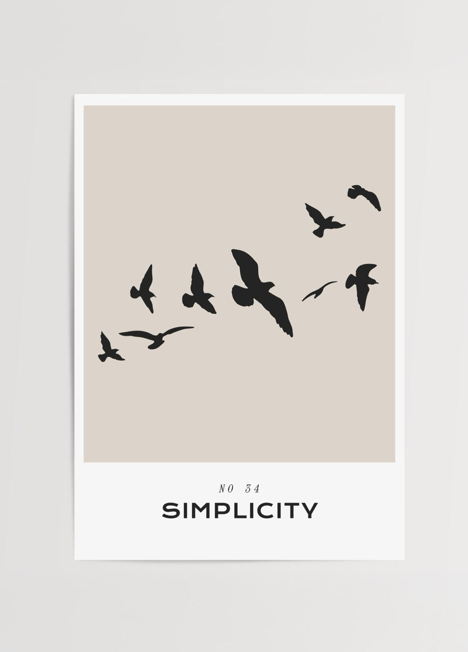 Minimalist kuş silüetleriyle tasarlanmış “Simplicity” poster baskısı