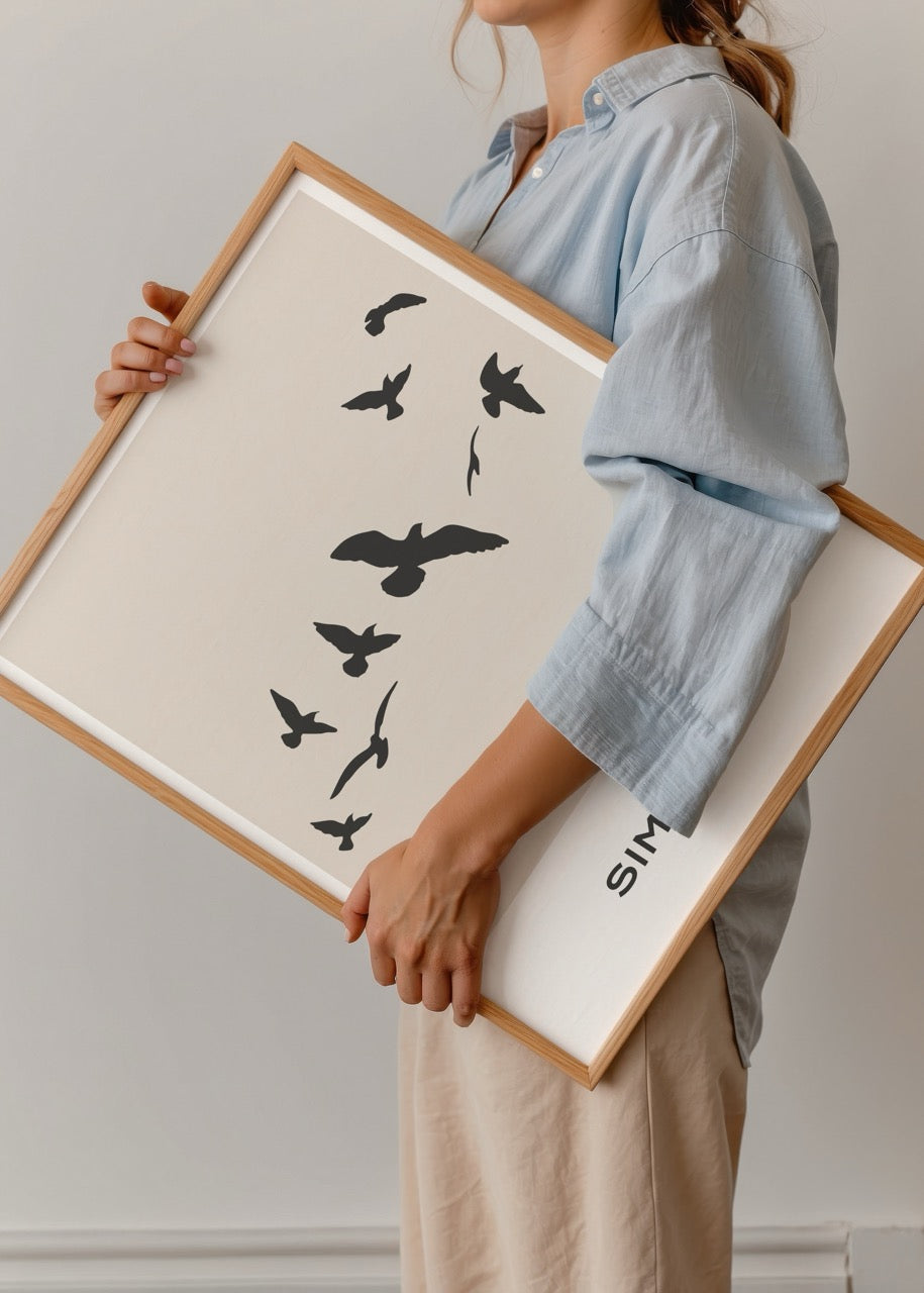 Minimalist kuş silüetleriyle tasarlanmış “Simplicity” poster baskısı
