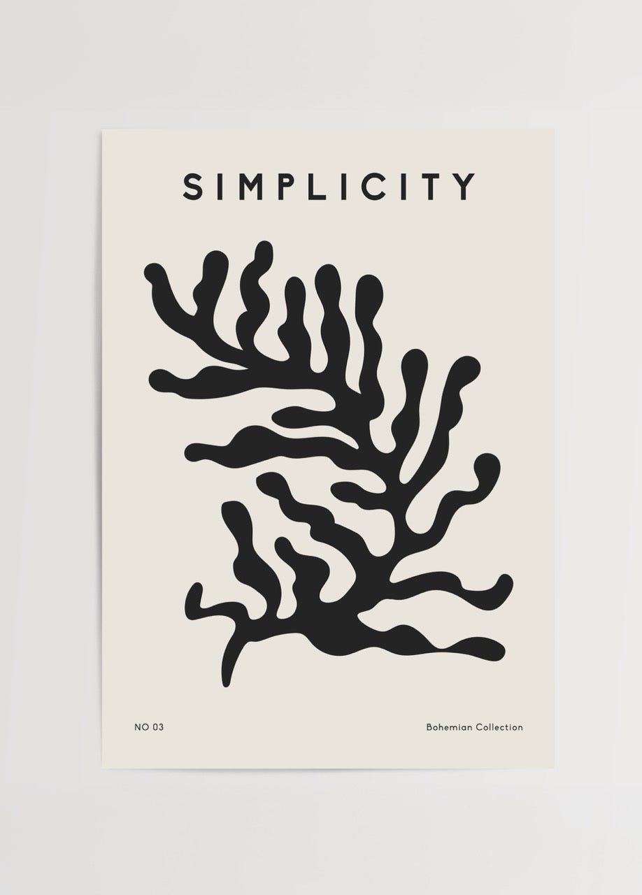 Siyah organik desenli, bej fonlu minimalist Simplicity No 03 poster tasarımı