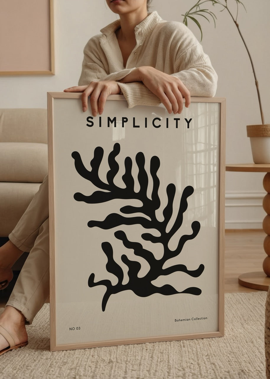 Siyah organik desenli, bej fonlu minimalist Simplicity No 03 poster tasarımı