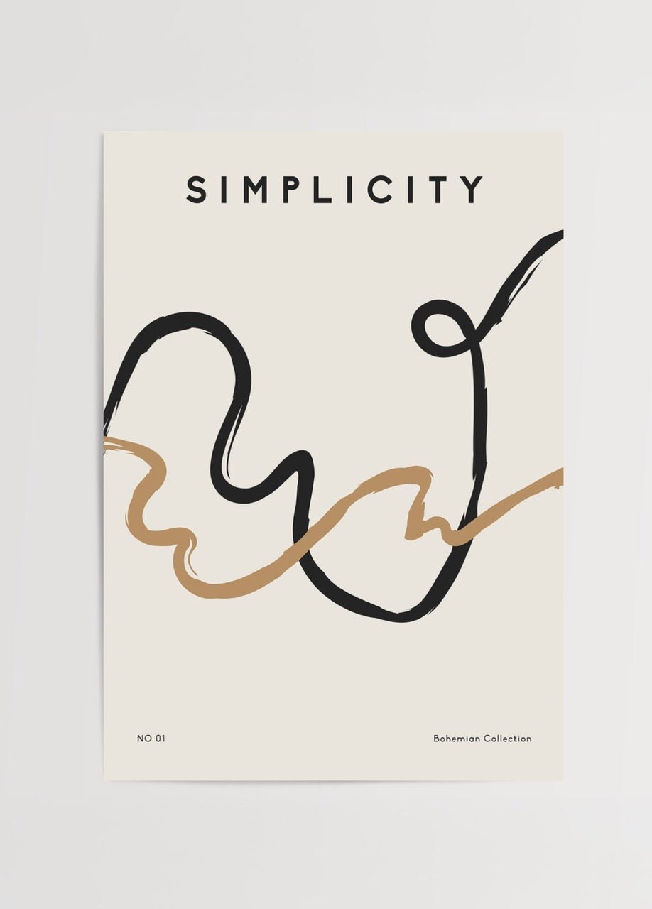 Bohem koleksiyona ait siyah ve kahverengi çizgilerden oluşan soyut Simplicity posteri