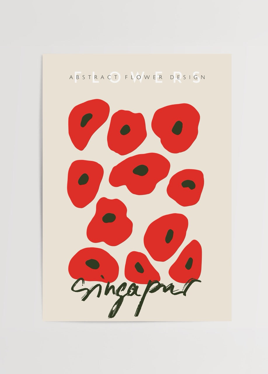 Singapore temalı kırmızı soyut çiçek illüstrasyonlu modern poster tasarımı
