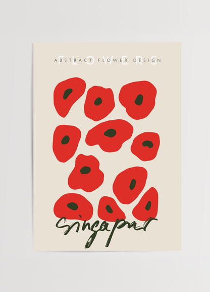 Singapore temalı kırmızı soyut çiçek illüstrasyonlu modern poster tasarımı
