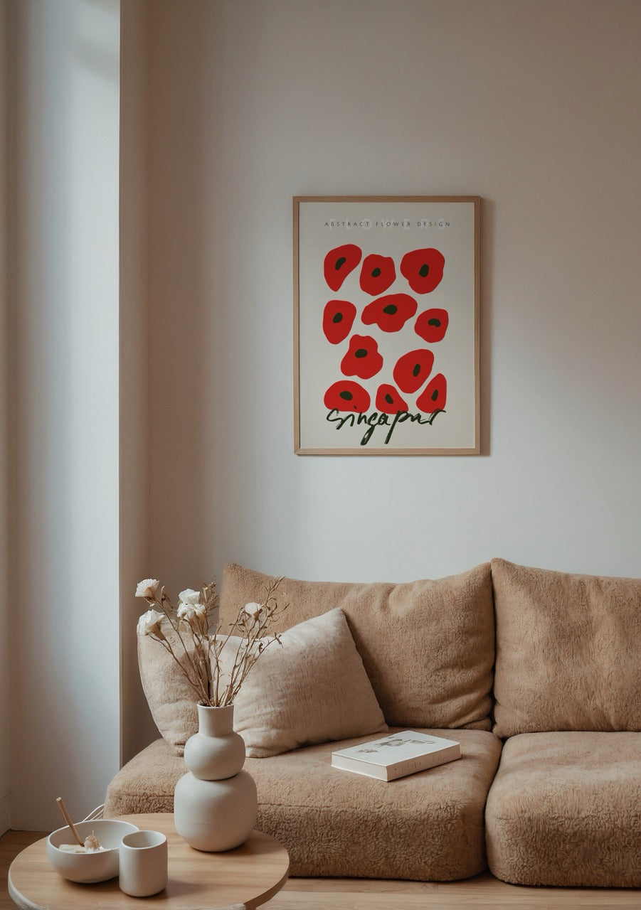 Singapore temalı kırmızı soyut çiçek illüstrasyonlu modern poster tasarımı
