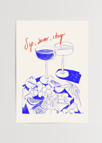 Atölye Noi Sip, Savor, Stay poster – şarap kadehleri ve peynir tabağı illüstrasyonu