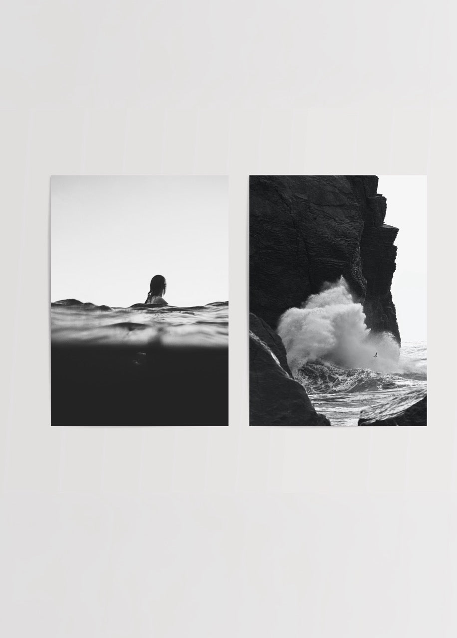Siyah beyaz deniz ve dalga temalı ikili poster seti – minimalist modern duvar dekoru