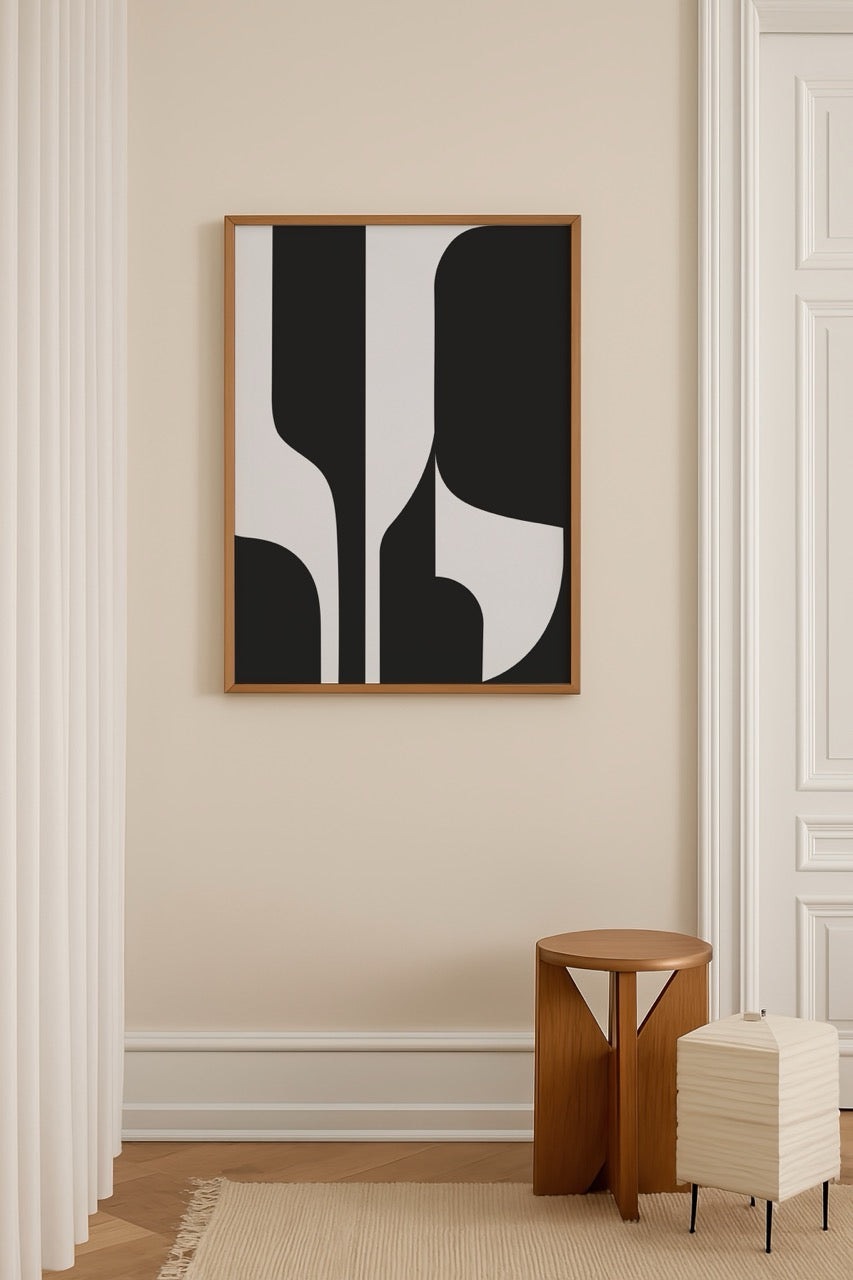 Siyah beyaz minimal geometrik çizgilerden oluşan modern poster baskı