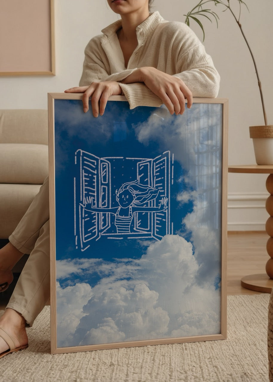 Bulutlu gökyüzü üzerinde pencere ve figür çizimiyle oluşturulmuş mix media sanat posteri