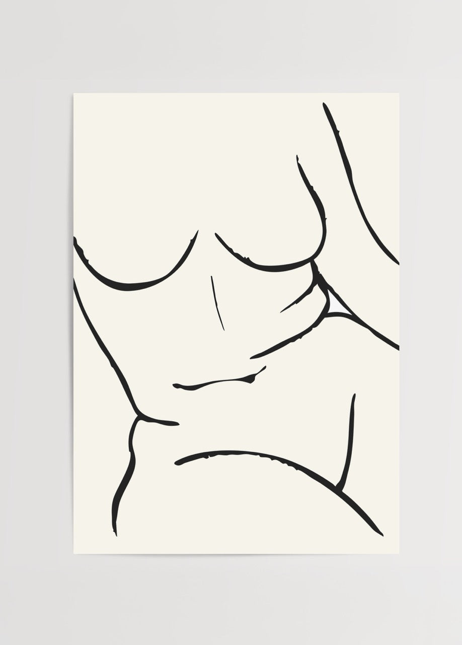 Yaren Ünlü’nün tasarladığı, kadın bedeninin zarif hatlarını siyah çizgilerle betimleyen “Soft Curves” minimal çizgi posteri.