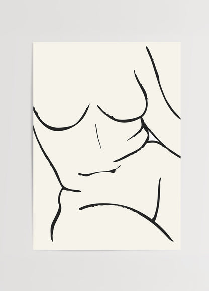Yaren Ünlü’nün tasarladığı, kadın bedeninin zarif hatlarını siyah çizgilerle betimleyen “Soft Curves” minimal çizgi posteri.