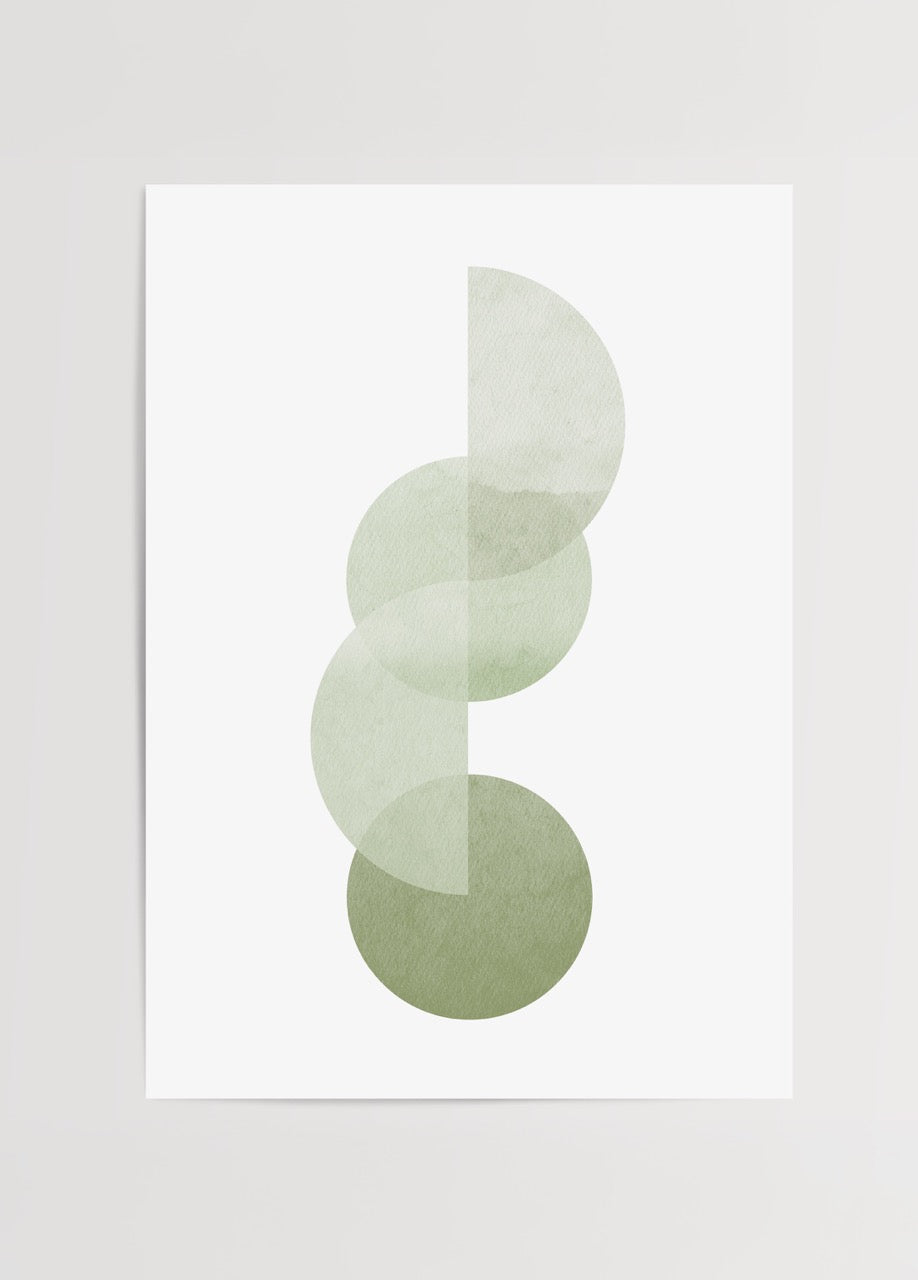 Beyaz zemin üzerine yarı saydam yeşil tonlarda üst üste bindirilmiş yarım dairelerden oluşan modern minimalist poster tasarımı.