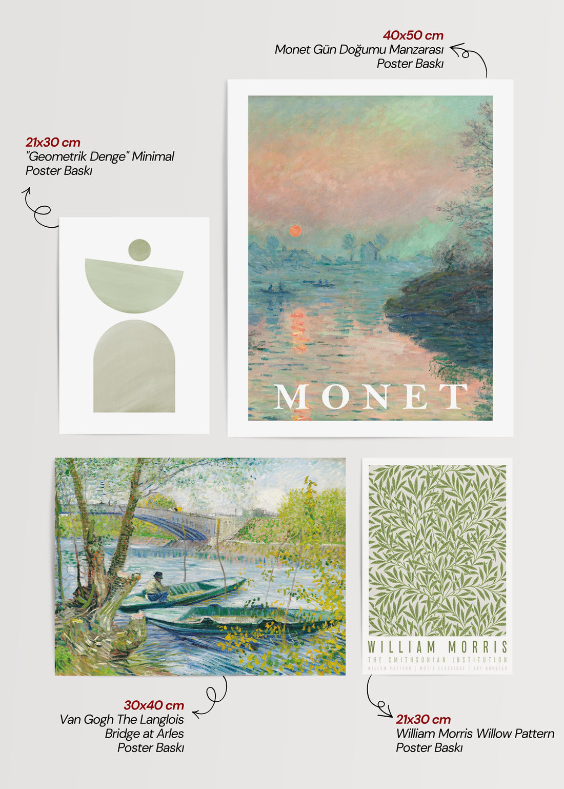 Yeşil tonların ağırlıkta olduğu klasik sanat ve botanik galeri duvarı poster seti