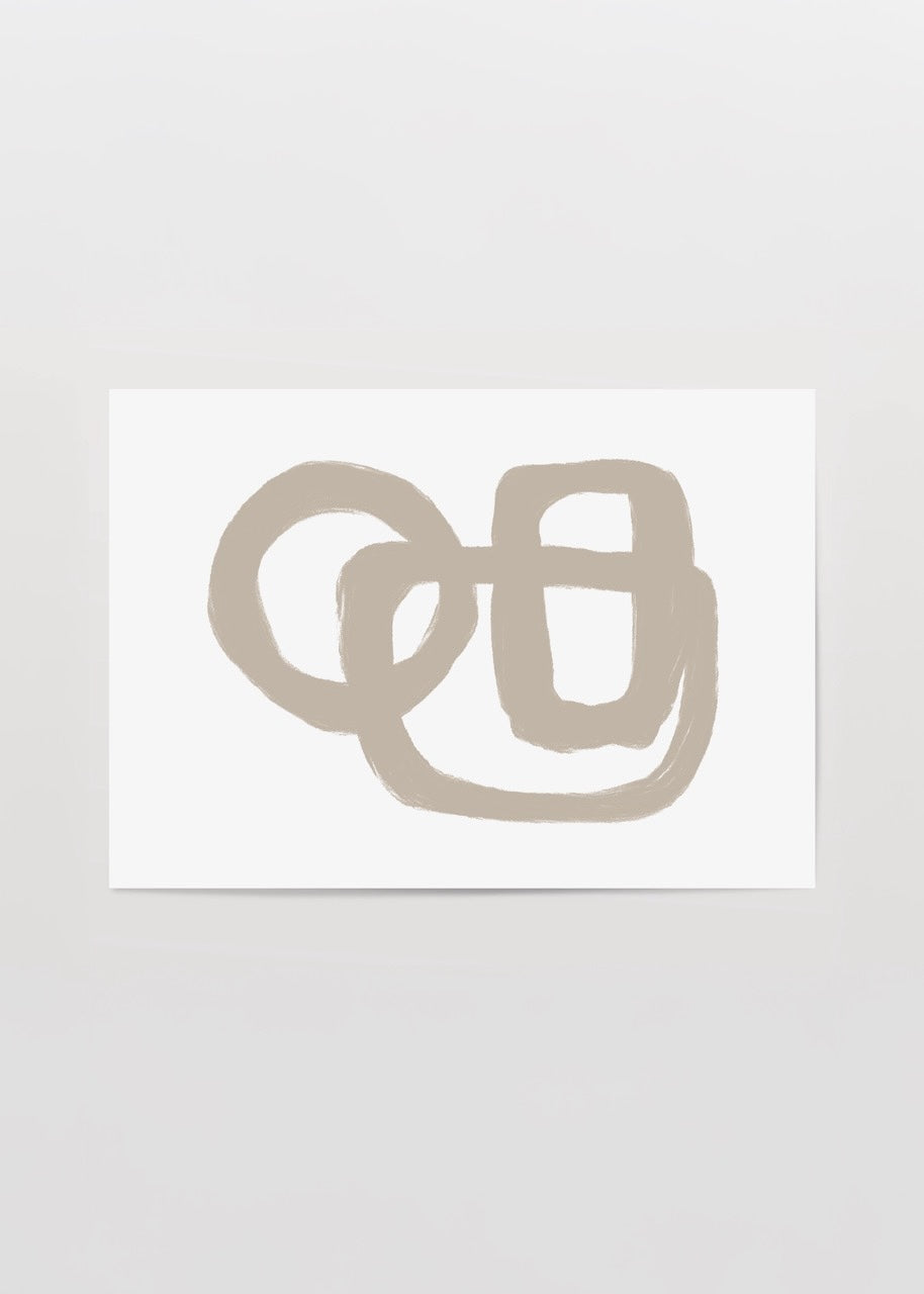 Bej renkli iç içe geçmiş yuvarlak ve köşeli formlardan oluşan modern minimalist soyut poster