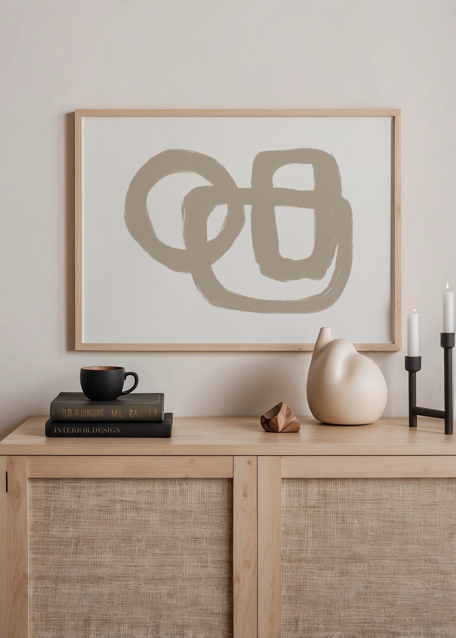 Bej renkli iç içe geçmiş yuvarlak ve köşeli formlardan oluşan modern minimalist soyut poster