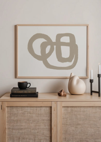 Bej renkli iç içe geçmiş yuvarlak ve köşeli formlardan oluşan modern minimalist soyut poster