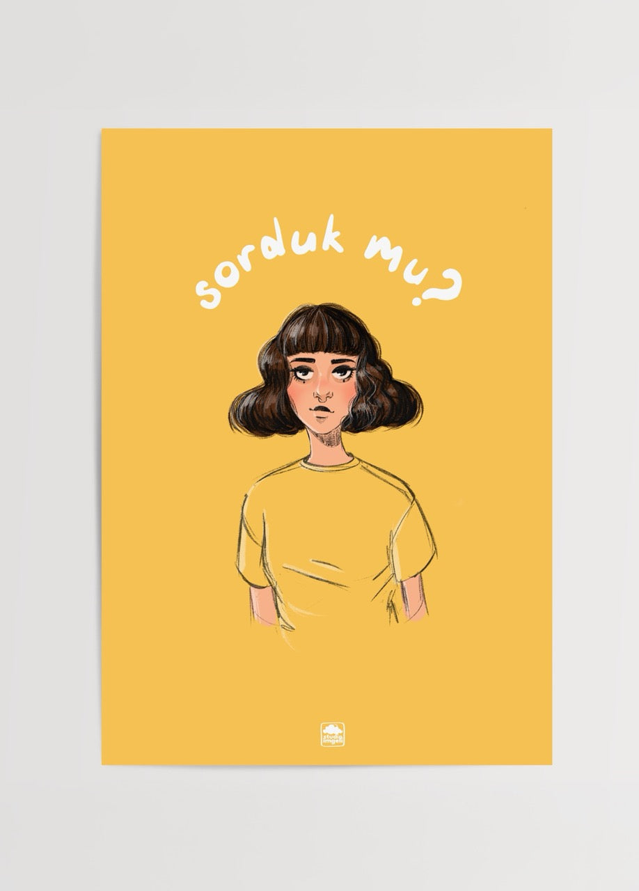Sorduk Mu? – İmge Akbulut’un sarı zemin üzerine çizilmiş illüstrasyon posteri