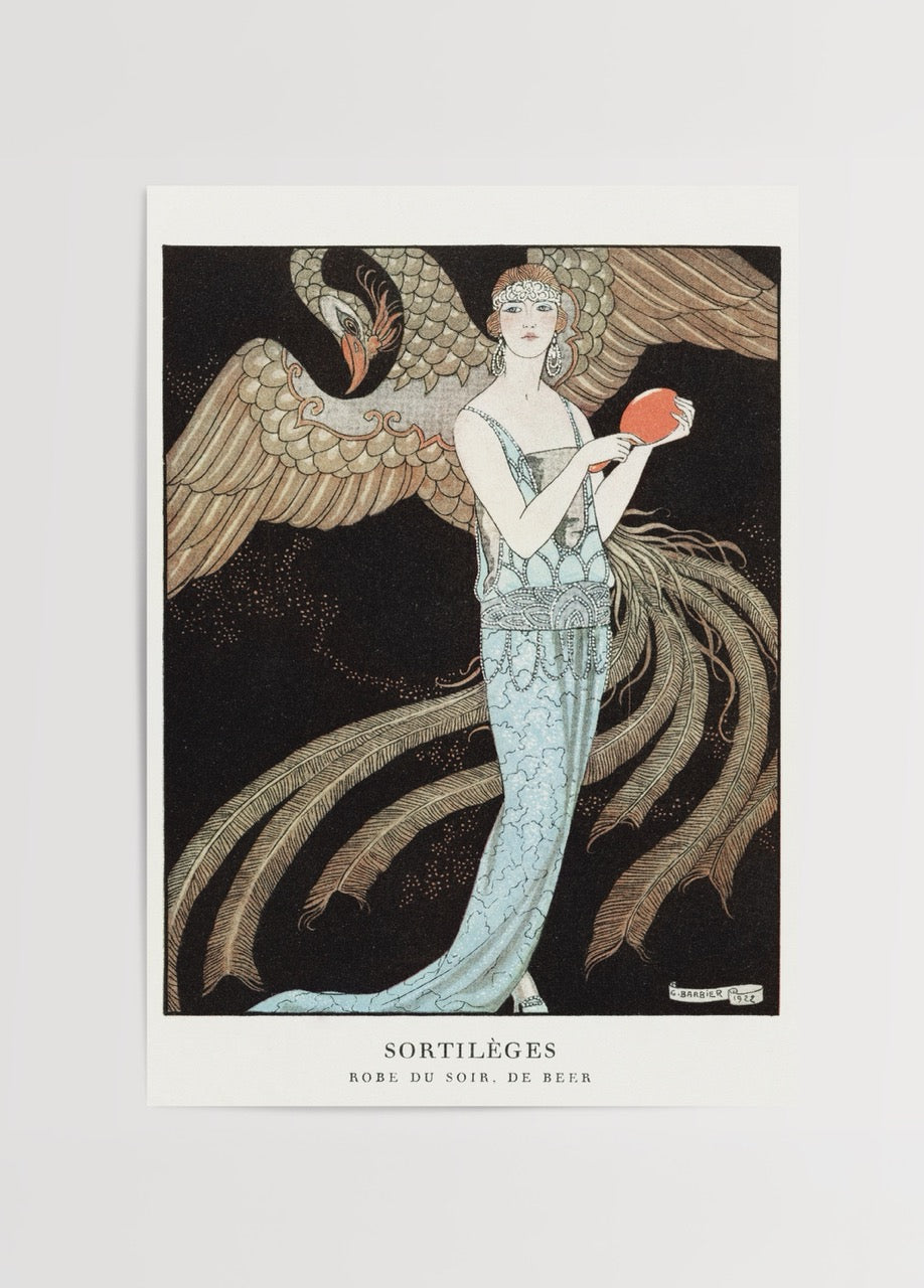 art deco kuslu kadin ilustrasyonu vintage moda posteri sortileges george barbier