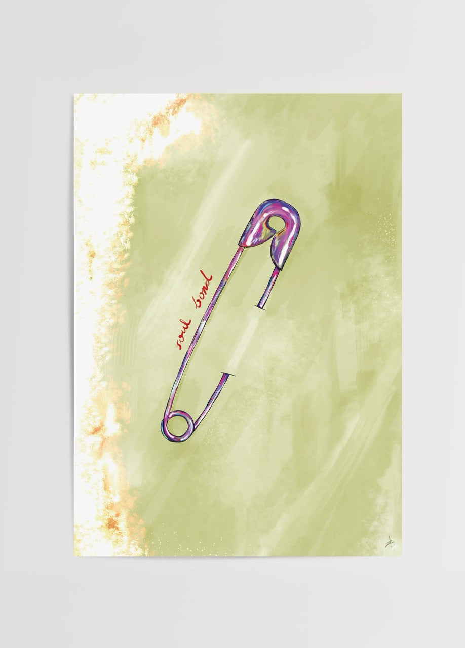 Kırılmış bir çengelli iğne formunda, iki ucu ayrılmış ama birbirine bağlı minimal soul bond illüstrasyon posteri.